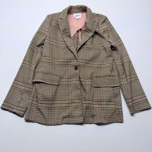 Shero Glen Plaid Single Button Blazer Pink Lining Tan Brown Small